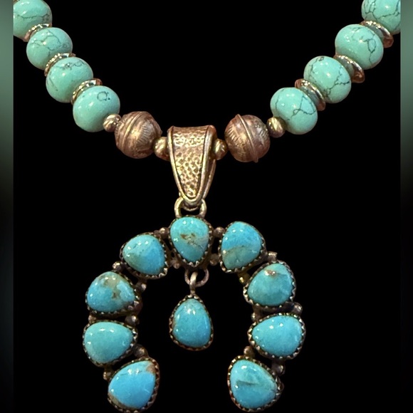 Vintage Sterling Silver Navajo Pearls Turquoise Squash Blossom Necklace - Picture 4 of 15